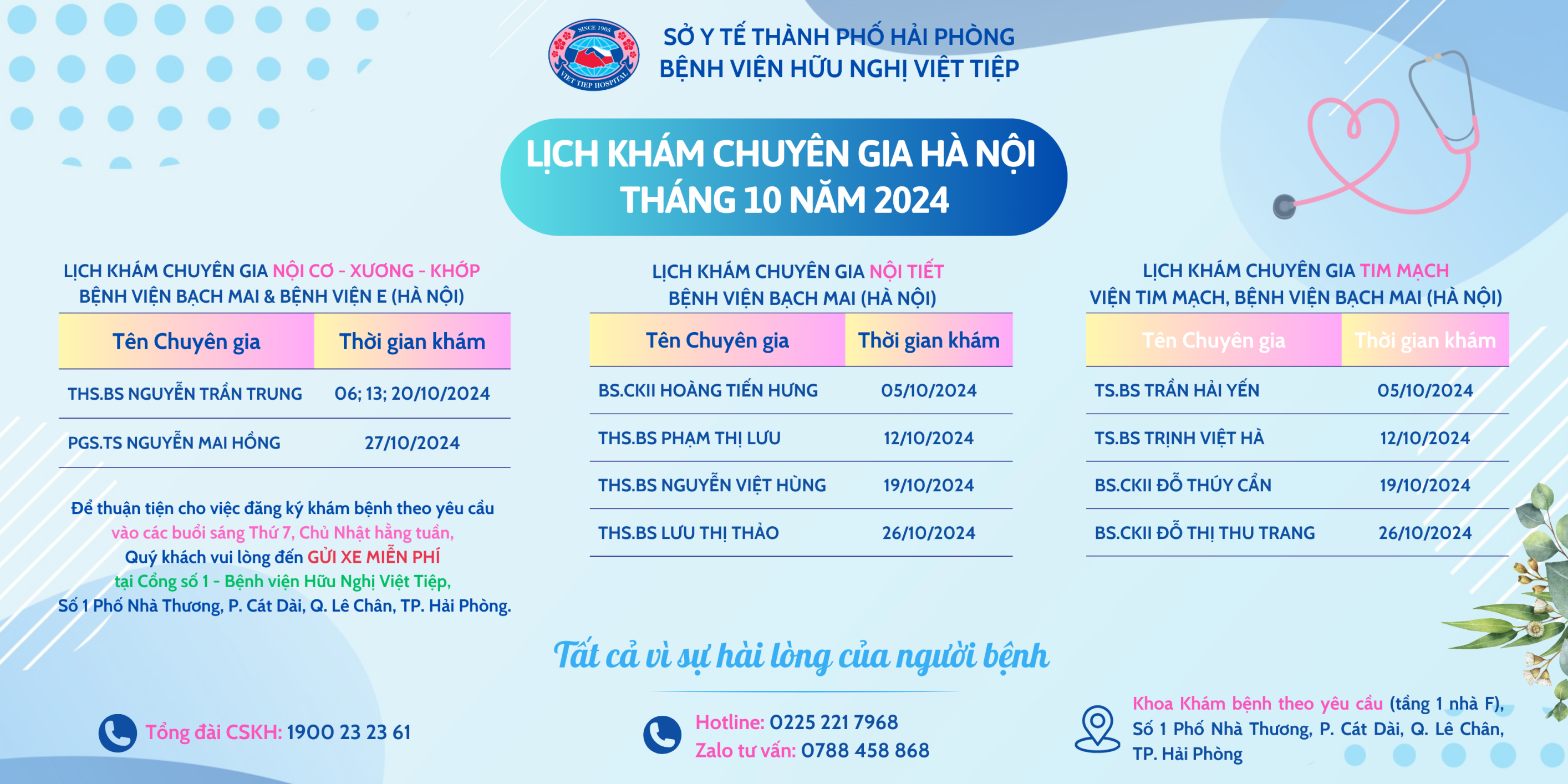 LỊCH KHÁM CHUYÊN GIA HÀ NỘI THÁNG 10 NĂM 2024 TẠI BỆNH VIỆN HỮU NGHỊ VIỆT TIỆP